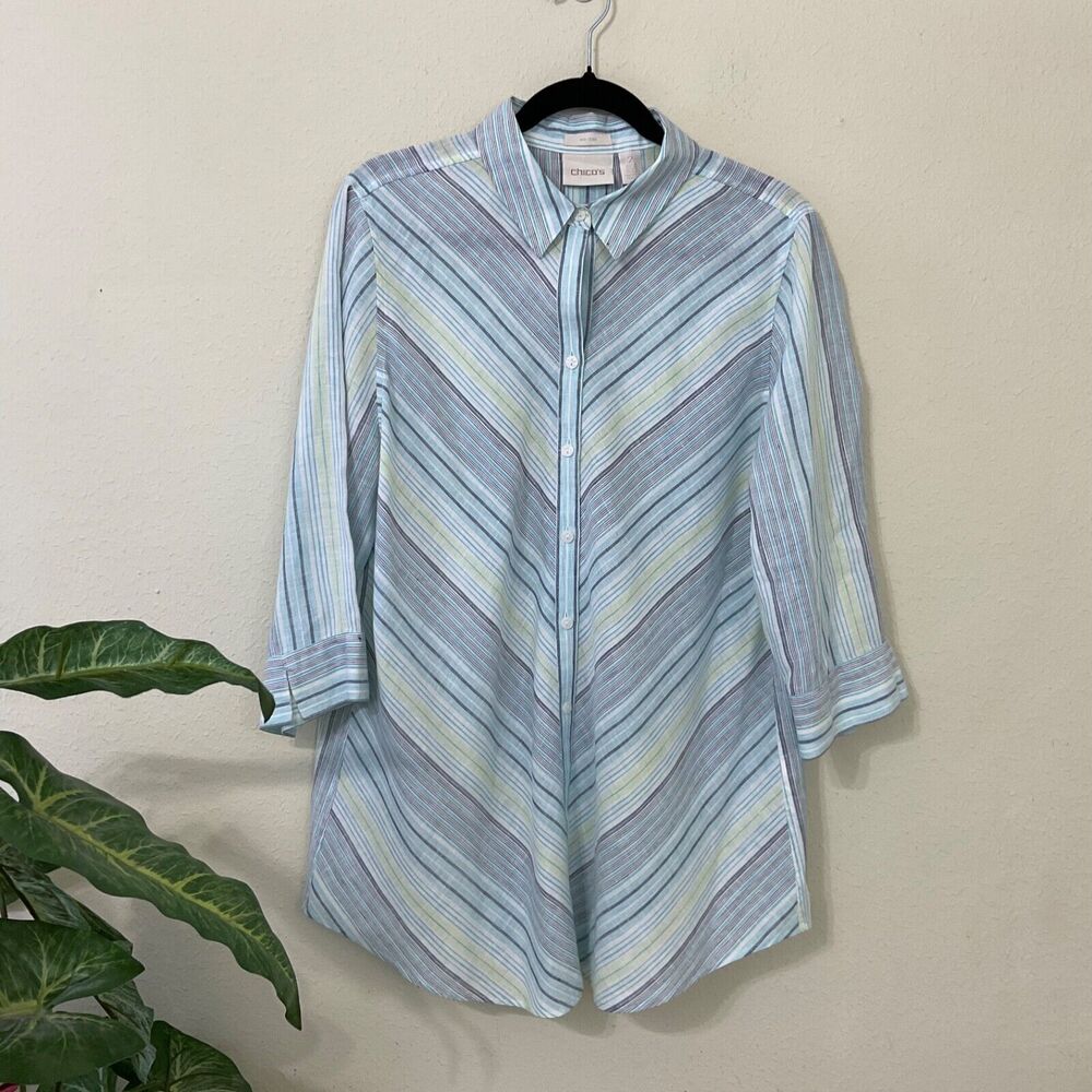 Chicos No Iron Shirt Womens Size 2 (L) Blue Stripe 100% Linen Blouse Top